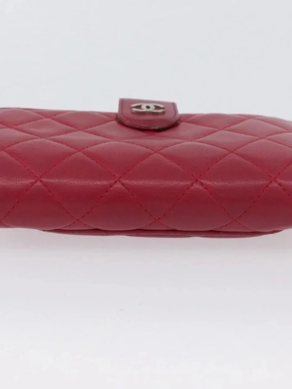 CHANEL Matelasse Bifold Wallet Lamb Skin Red Silver CC Auth YKZ104